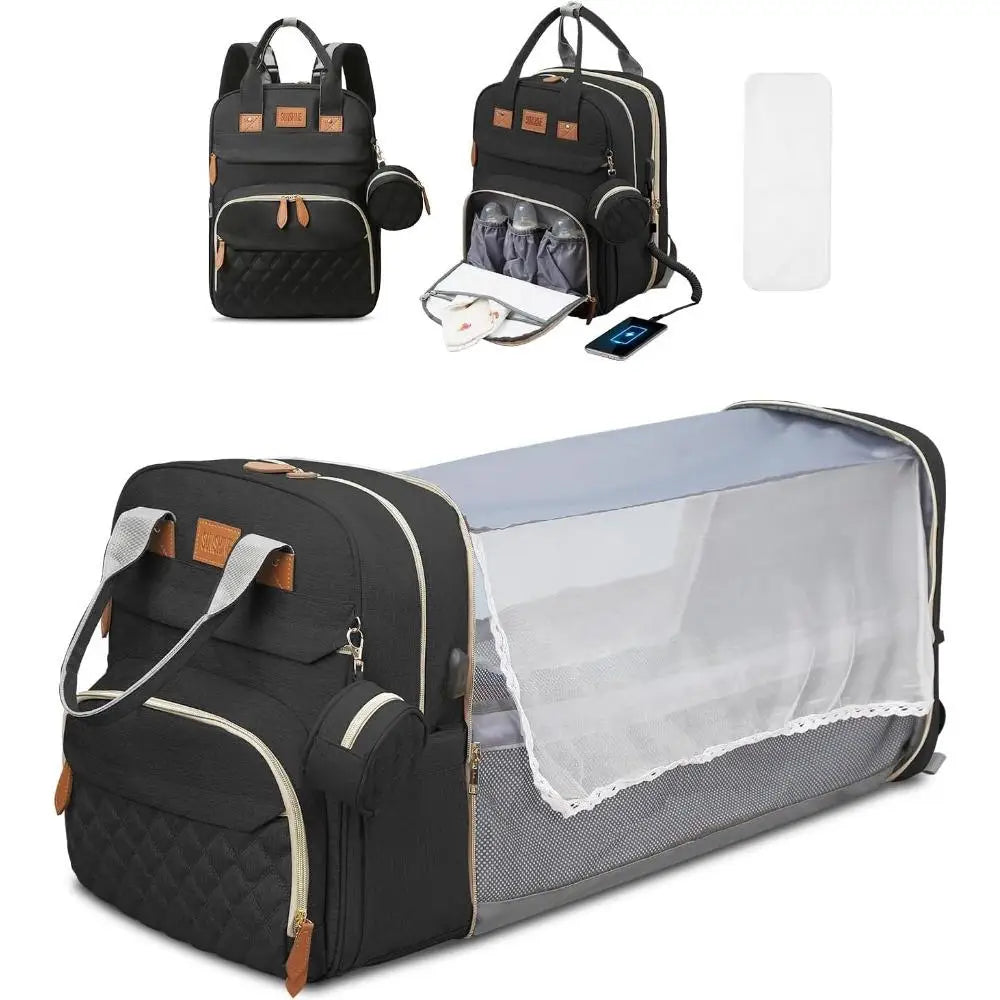 RsenFremior Large Diaper Bag with Changing Station, Foldable Diaper Bag Backpack with Bed ,Diaper Bag with Insulated Pockets