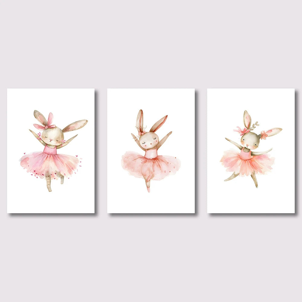 3pcs Cute Ballerina Bunny Ballet Canvas Posters Woodland Animal Print Painting Girls Room Decor Rabbit Wall Art Nursery Decor