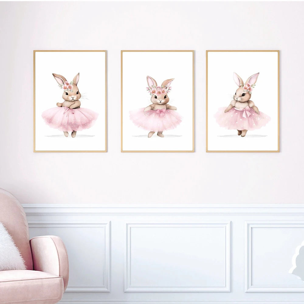 3pcs Cute Ballerina Bunny Ballet Canvas Posters Woodland Animal Print Painting Girls Room Decor Rabbit Wall Art Nursery Decor