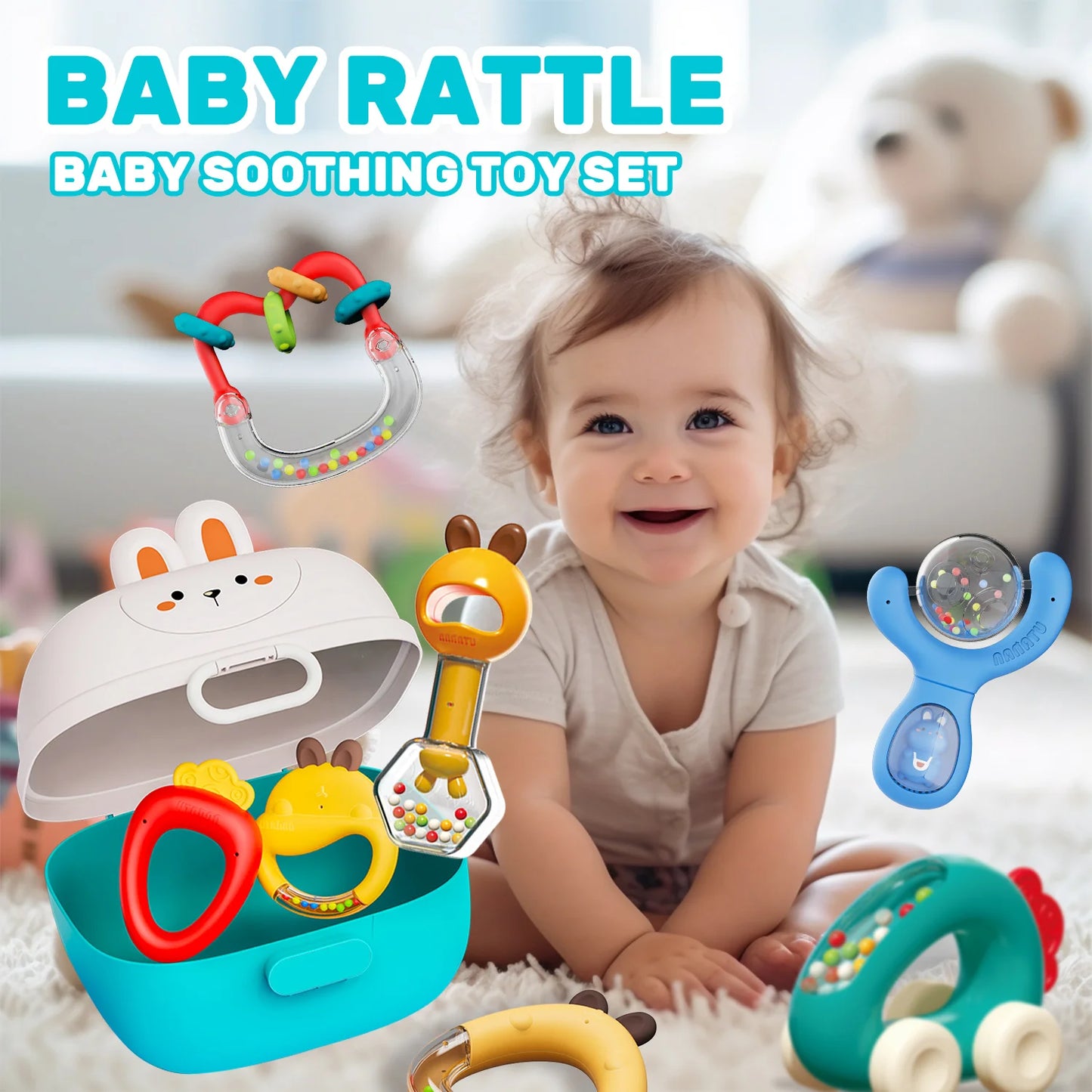 8-Pack Baby Rattle Toys with Storage Box, 0+ Months Infant Rattles Set, Bright Colors & Fun Shapes,  Durable Baby Shower Gift
