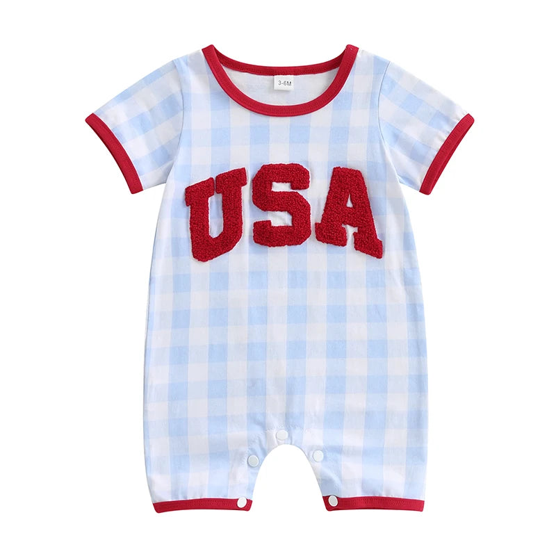 Infant Fourth of July  with Embroidered Initials Checkered Design and Short Sleeves for Patriotic Celebrations
