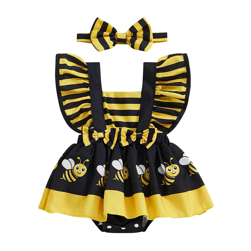Summer Baby Girl Clothes Ruffle Fly Sleeve Romper Dress Ladybug Print Playsuits with Headband Summer Outfit