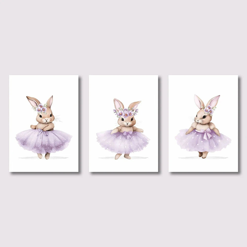 3pcs Cute Ballerina Bunny Ballet Canvas Posters Woodland Animal Print Painting Girls Room Decor Rabbit Wall Art Nursery Decor