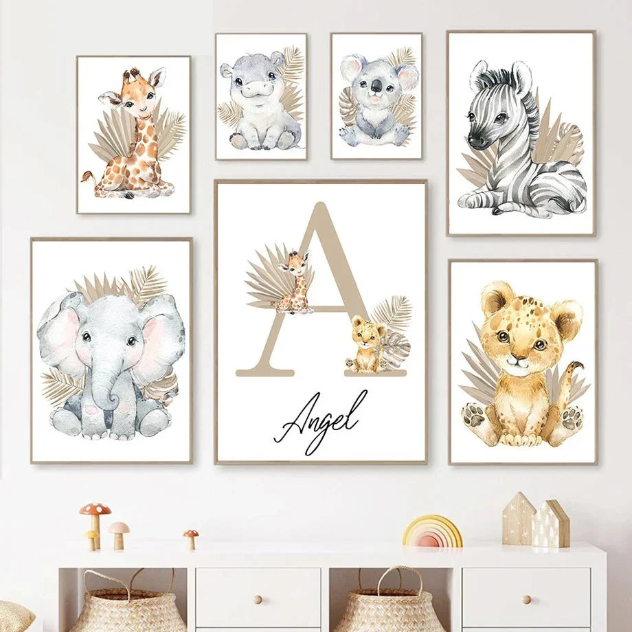 Custom Name Posters Jungle Animal Lion Elephant Giraffe Zebra Nursery Wall Art Prints Canvas Painting Pictures Kids Room Decor