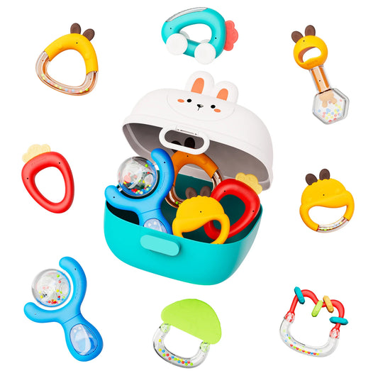 8-Pack Baby Rattle Toys with Storage Box, 0+ Months Infant Rattles Set, Bright Colors & Fun Shapes,  Durable Baby Shower Gift
