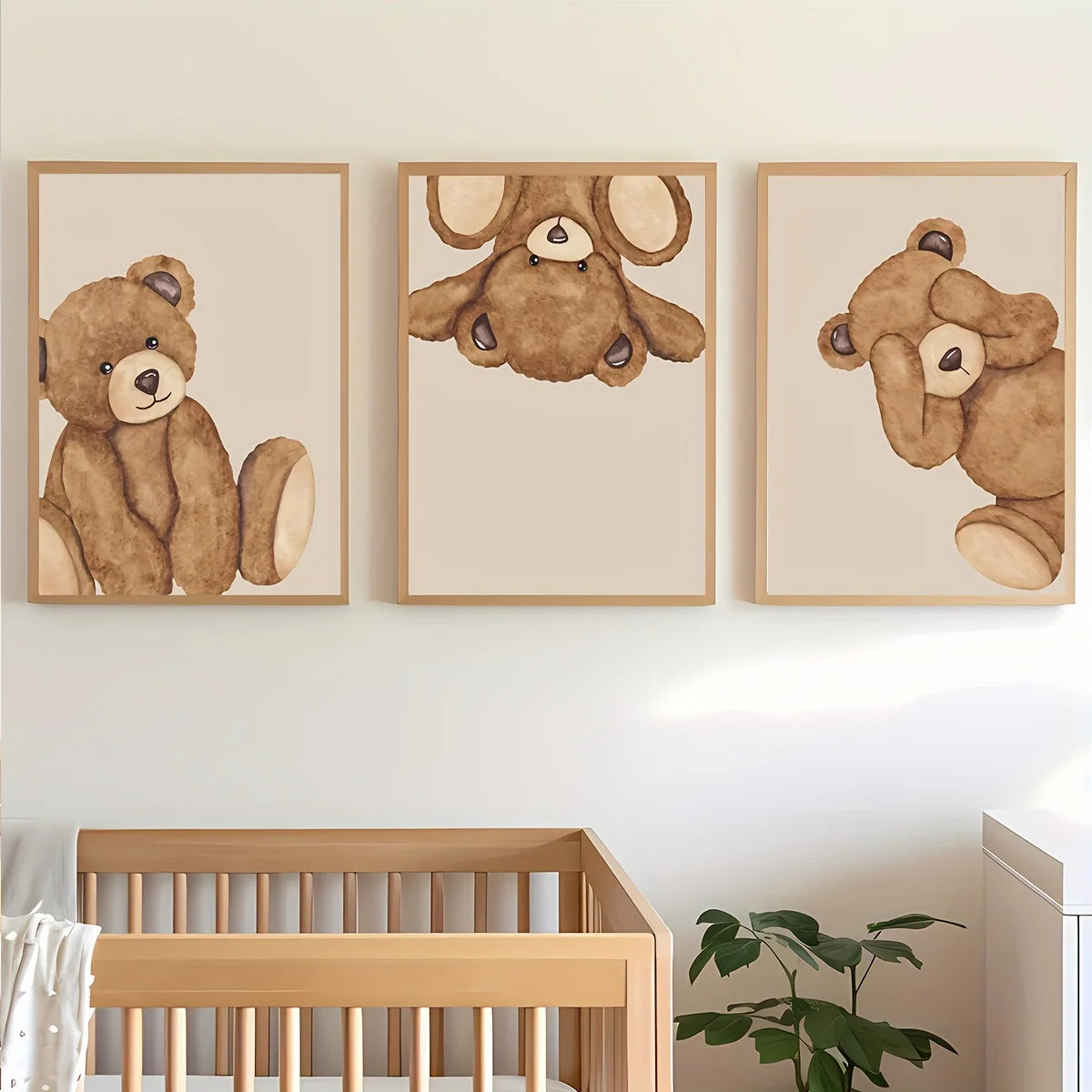 3pcs/set Cute Brown Bear Canvas Print Poster Cartoon Animal Abstract Art Prints Living Room Nursery Wall Art Home Decor Poster