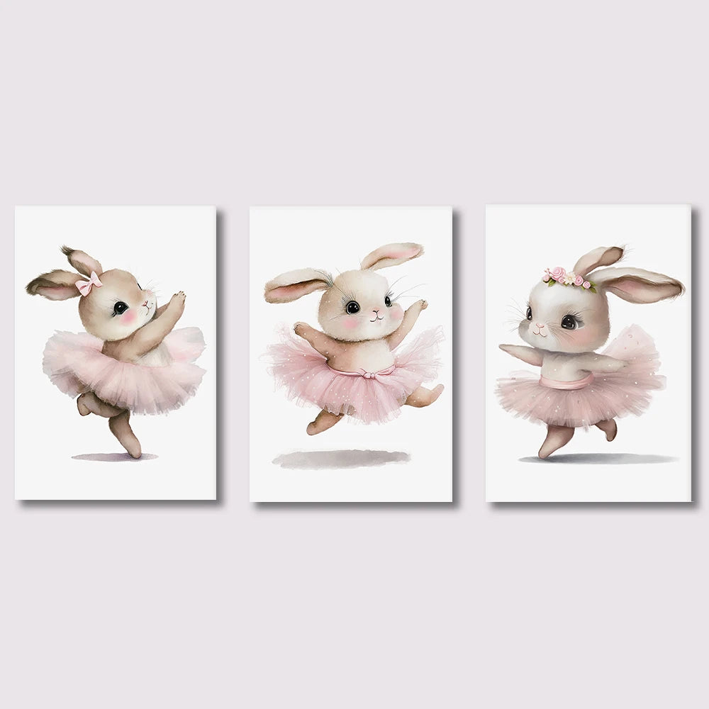 3pcs Cute Ballerina Bunny Ballet Canvas Posters Woodland Animal Print Painting Girls Room Decor Rabbit Wall Art Nursery Decor