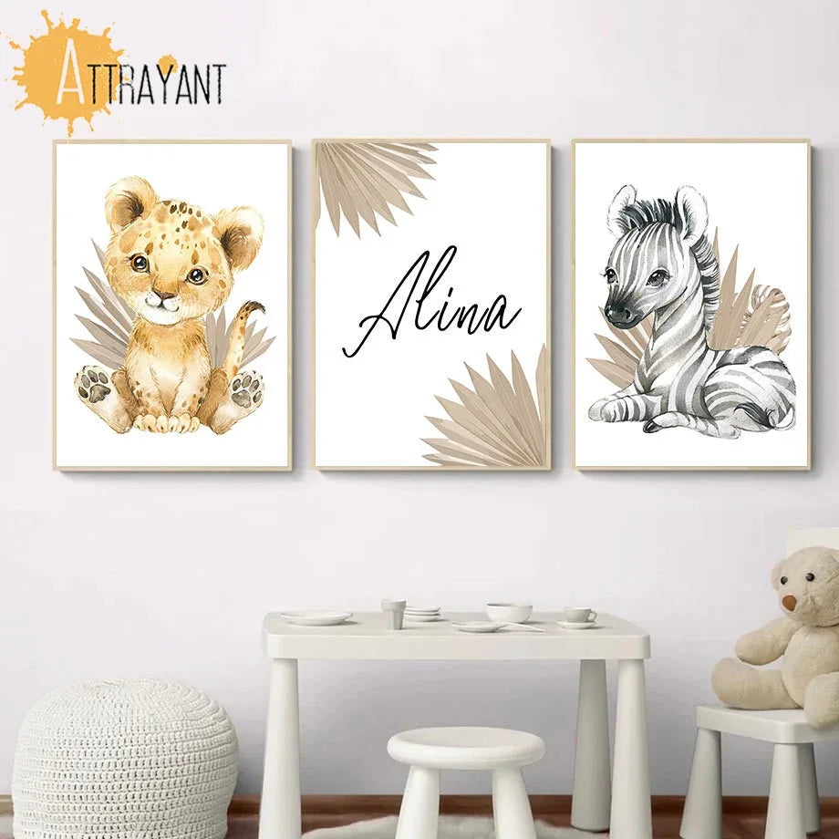 Custom Name Posters Jungle Animal Lion Elephant Giraffe Zebra Nursery Wall Art Prints Canvas Painting Pictures Kids Room Decor