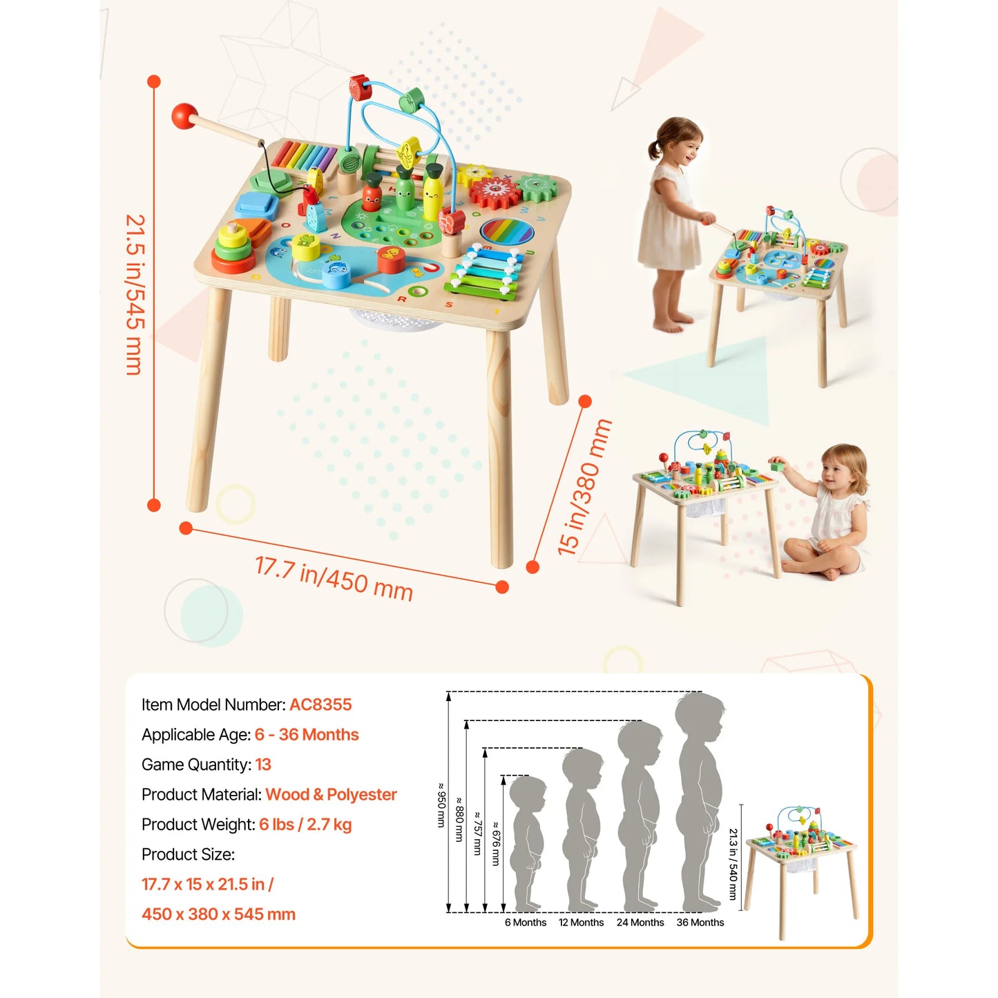 SucceBuy 13 in 1 Montessori Activity Table for Toddler 1-3 Years Old Aged 6+ Months Birthday Christmas Children's Day Present