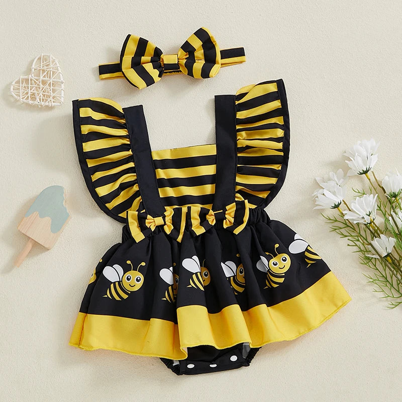 Summer Baby Girl Clothes Ruffle Fly Sleeve Romper Dress Ladybug Print Playsuits with Headband Summer Outfit