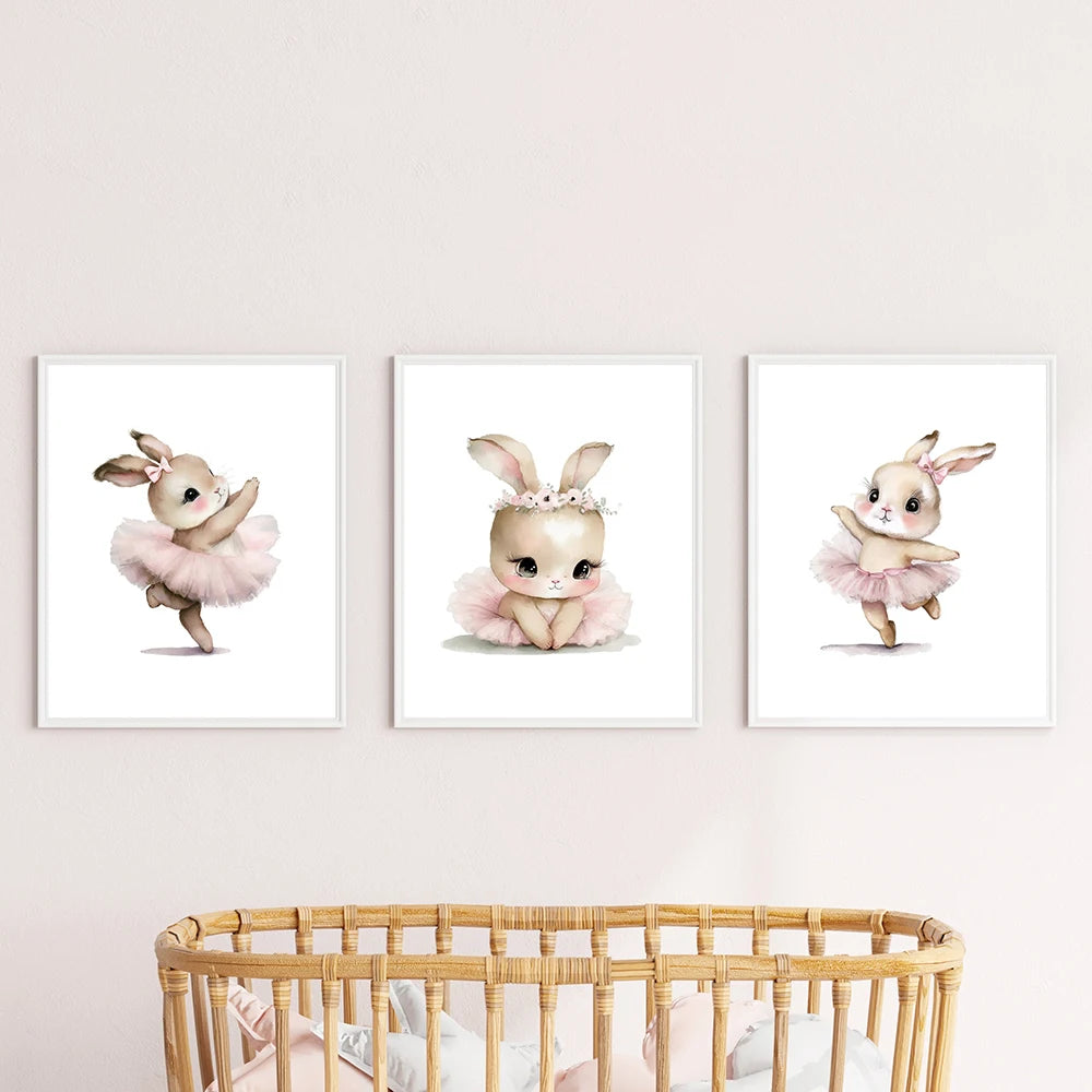 3pcs Cute Ballerina Bunny Ballet Canvas Posters Woodland Animal Print Painting Girls Room Decor Rabbit Wall Art Nursery Decor