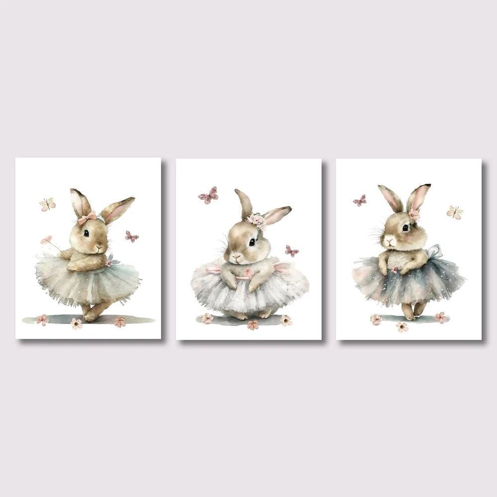 3pcs Cute Ballerina Bunny Ballet Canvas Posters Woodland Animal Print Painting Girls Room Decor Rabbit Wall Art Nursery Decor