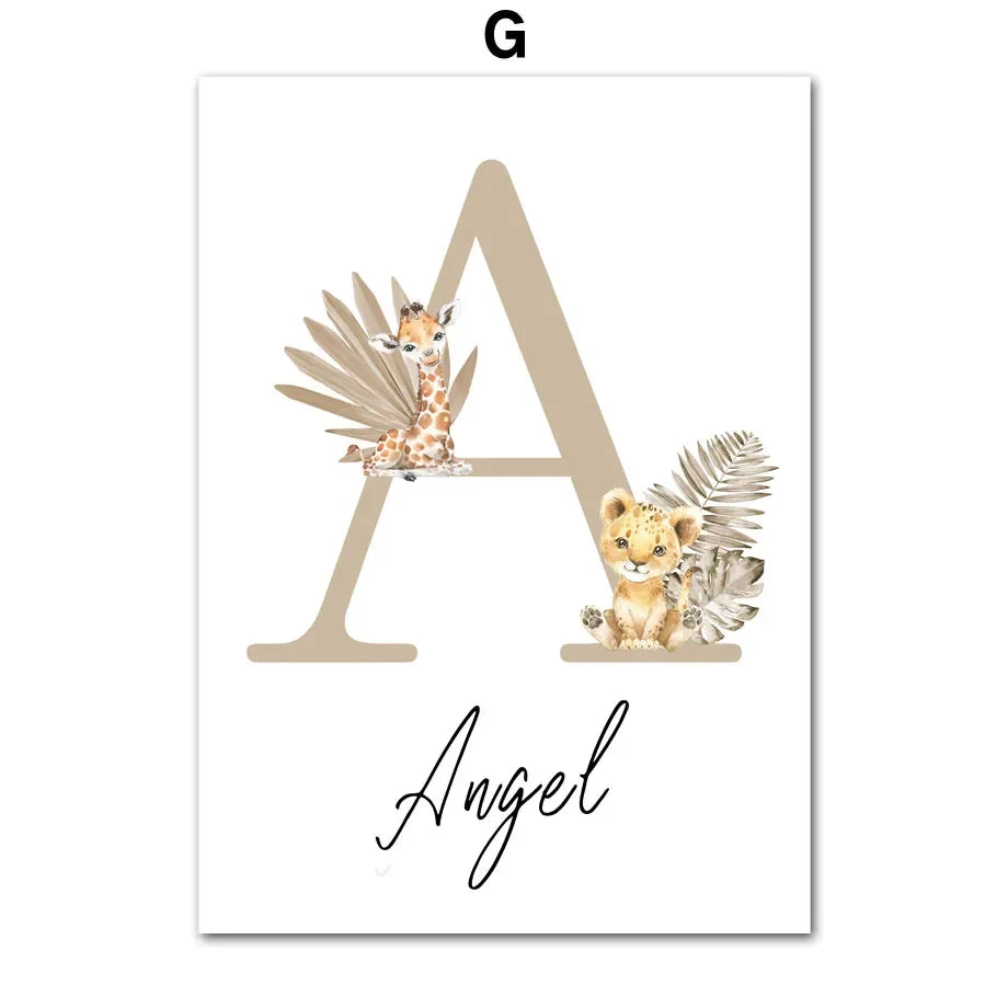 Custom Name Posters Jungle Animal Lion Elephant Giraffe Zebra Nursery Wall Art Prints Canvas Painting Pictures Kids Room Decor