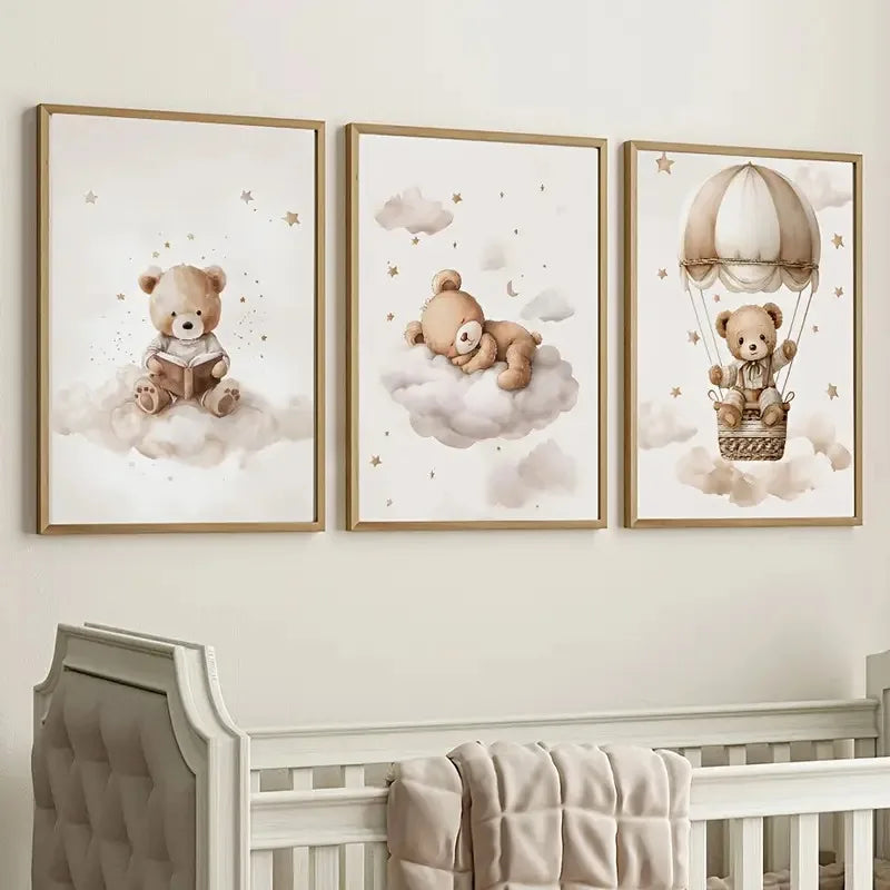 3pcs/set Bohemian Style Teddy Bear Animal Nursery Canvas Poster Stars Cloud Bears Wall Art Prints Modern Living Room Home Decor