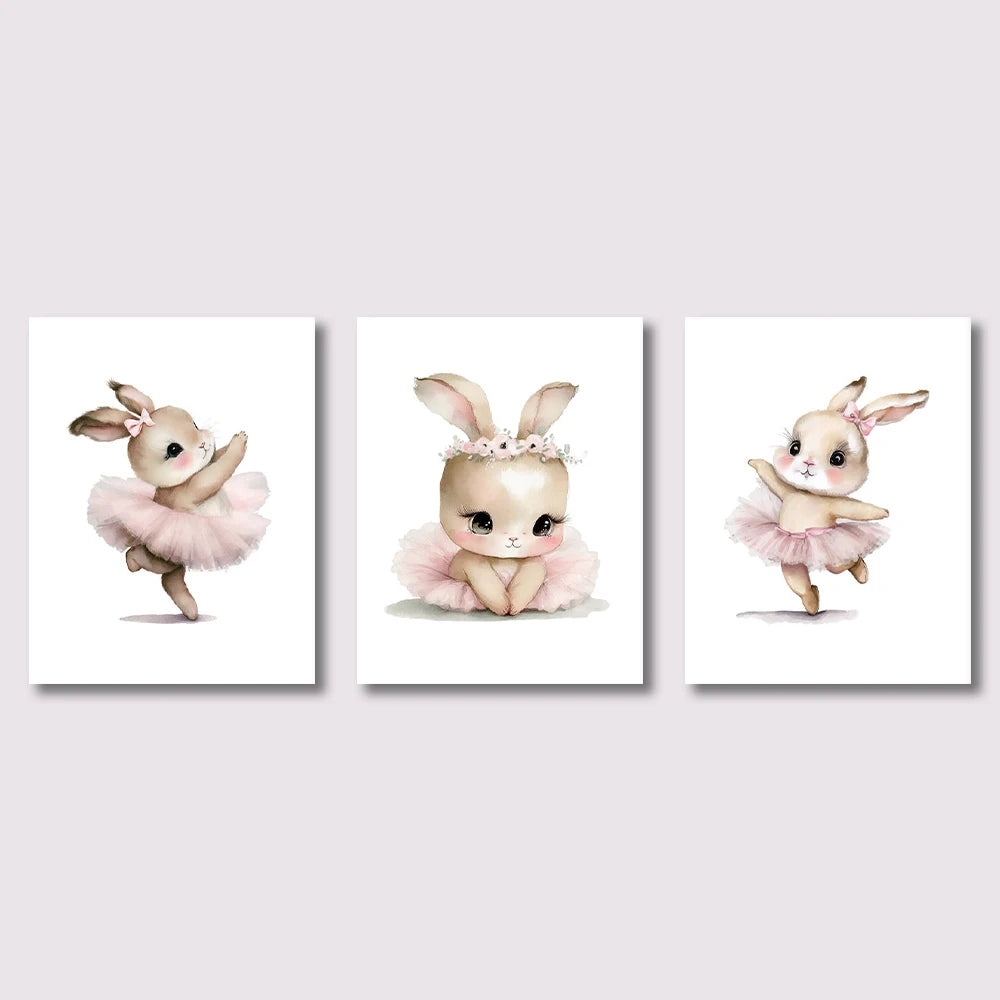 3pcs Cute Ballerina Bunny Ballet Canvas Posters Woodland Animal Print Painting Girls Room Decor Rabbit Wall Art Nursery Decor