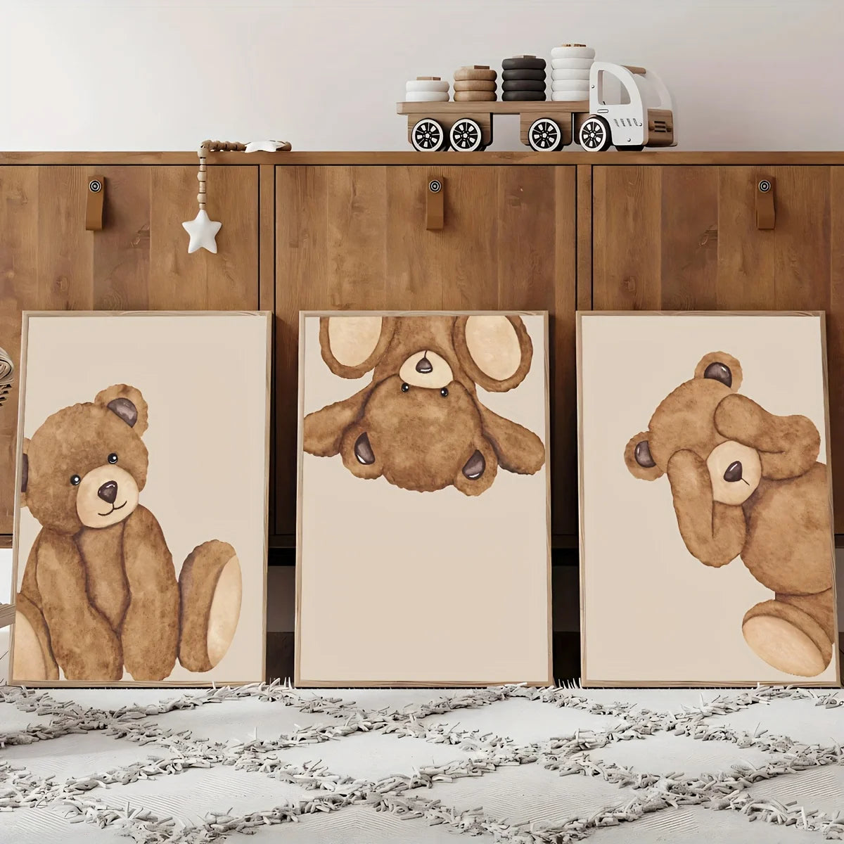 3pcs/set Cute Brown Bear Canvas Print Poster Cartoon Animal Abstract Art Prints Living Room Nursery Wall Art Home Decor Poster