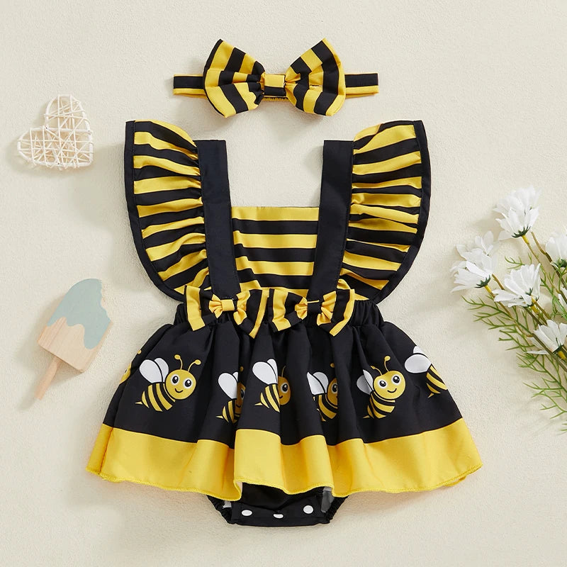 Summer Baby Girl Clothes Ruffle Fly Sleeve Romper Dress Ladybug Print Playsuits with Headband Summer Outfit