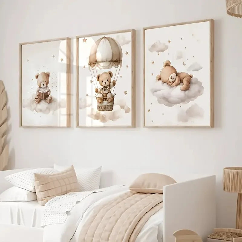 3pcs/set Bohemian Style Teddy Bear Animal Nursery Canvas Poster Stars Cloud Bears Wall Art Prints Modern Living Room Home Decor