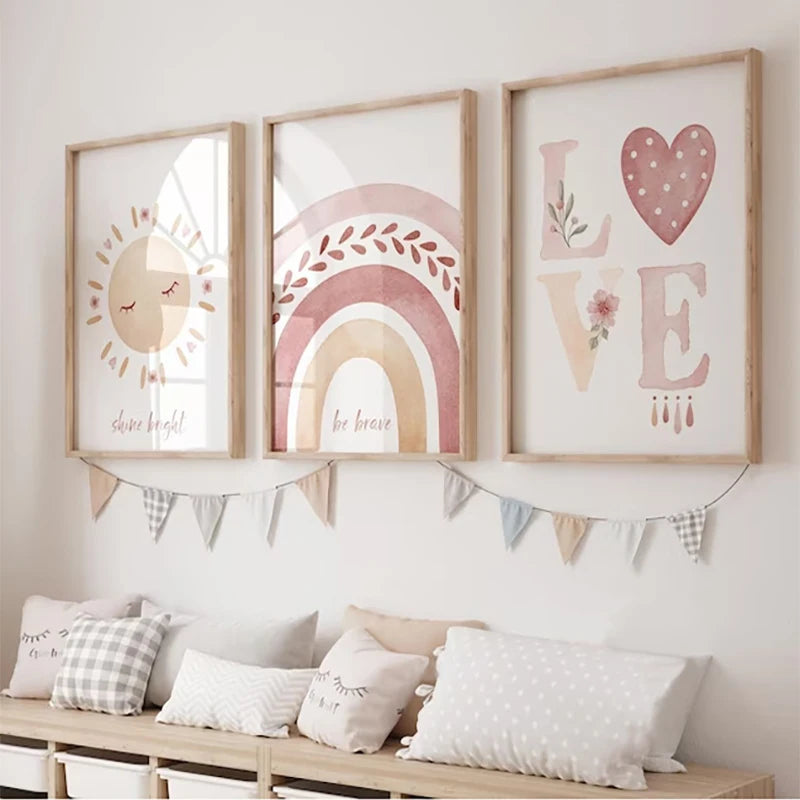 Boho Rainbow Sunshine Posters Set of 3 Nursery Prints Boy Girl Nursery Wall Art Poster Children's Room Nursery Wall Decoration