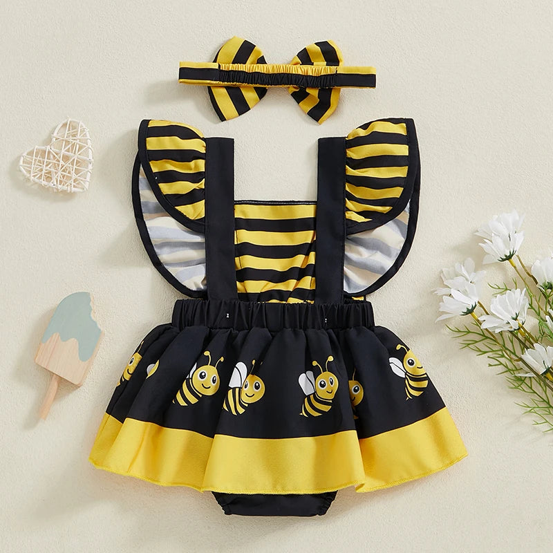 Summer Baby Girl Clothes Ruffle Fly Sleeve Romper Dress Ladybug Print Playsuits with Headband Summer Outfit