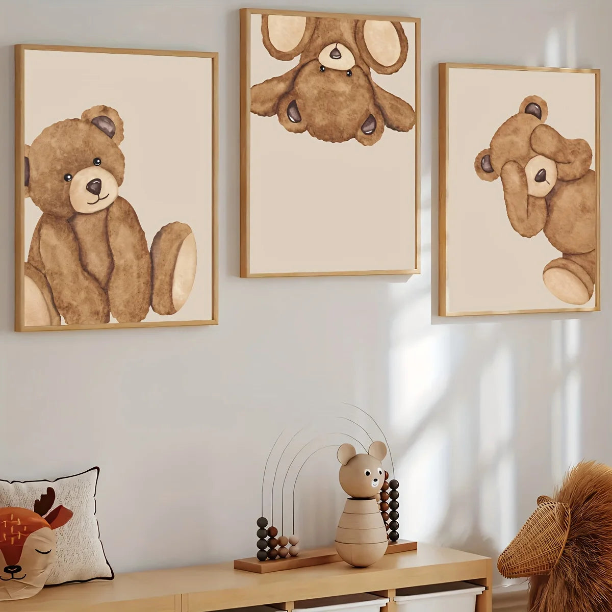 3pcs/set Cute Brown Bear Canvas Print Poster Cartoon Animal Abstract Art Prints Living Room Nursery Wall Art Home Decor Poster