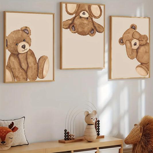 3pcs/set Cute Brown Bear Canvas Print Poster Cartoon Animal Abstract Art Prints Living Room Nursery Wall Art Home Decor Poster