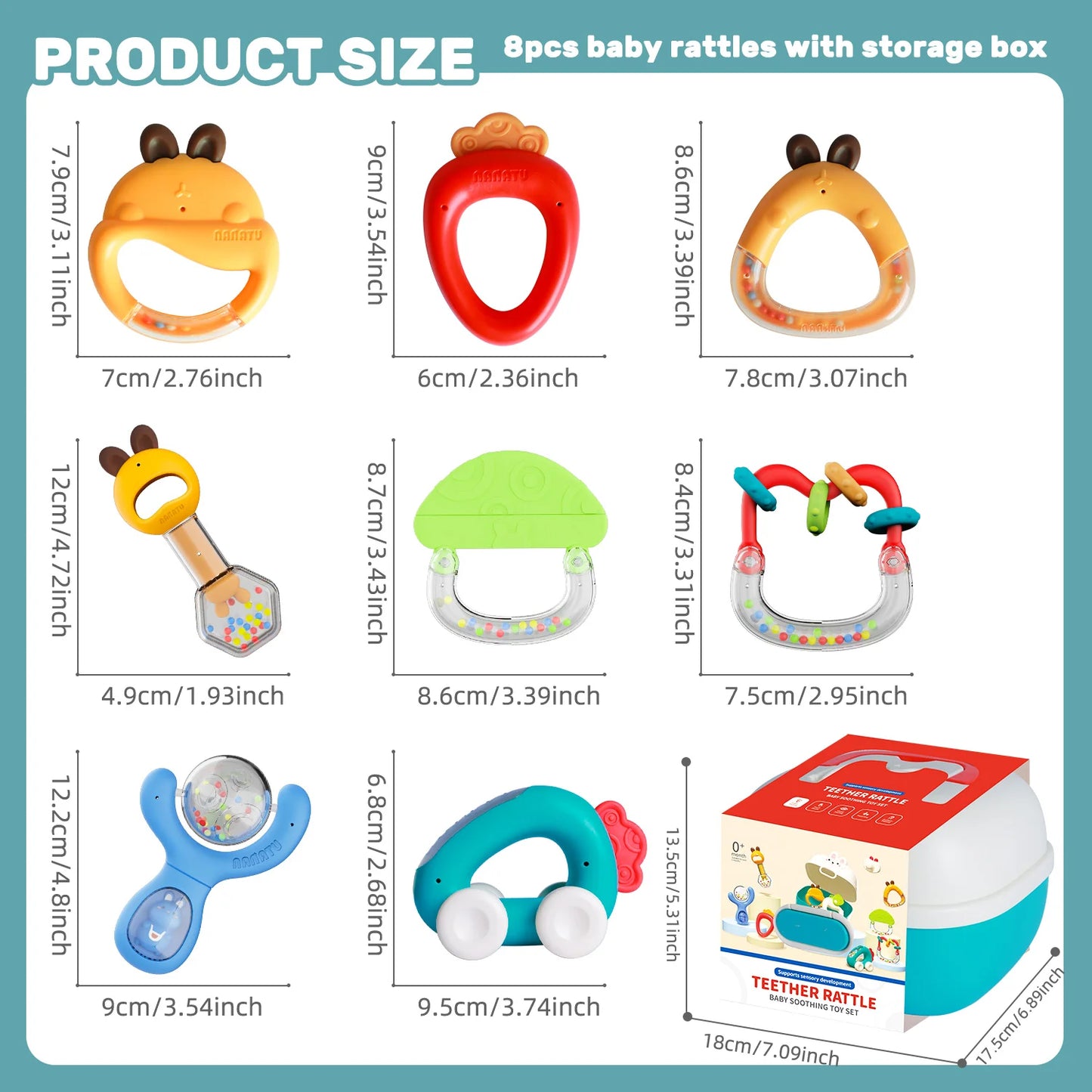 8-Pack Baby Rattle Toys with Storage Box, 0+ Months Infant Rattles Set, Bright Colors & Fun Shapes,  Durable Baby Shower Gift