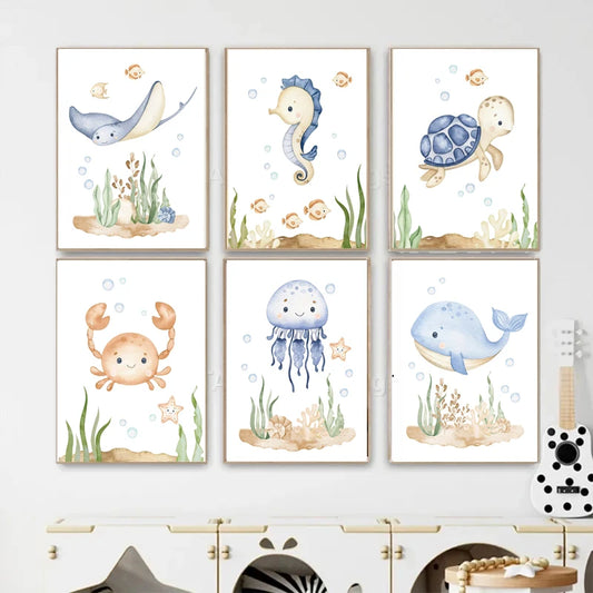 Watercolor Marine animals seahorses turtle jellyfish whales Print Canvas Painting Nursery Wall Pictures Baby Kids Room Decor